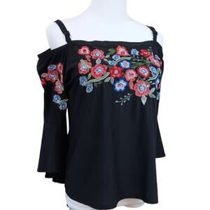 Artsy INC Off Shoulder Top Blouse S Floral Embroidered Flare Whimsigoth Coquette